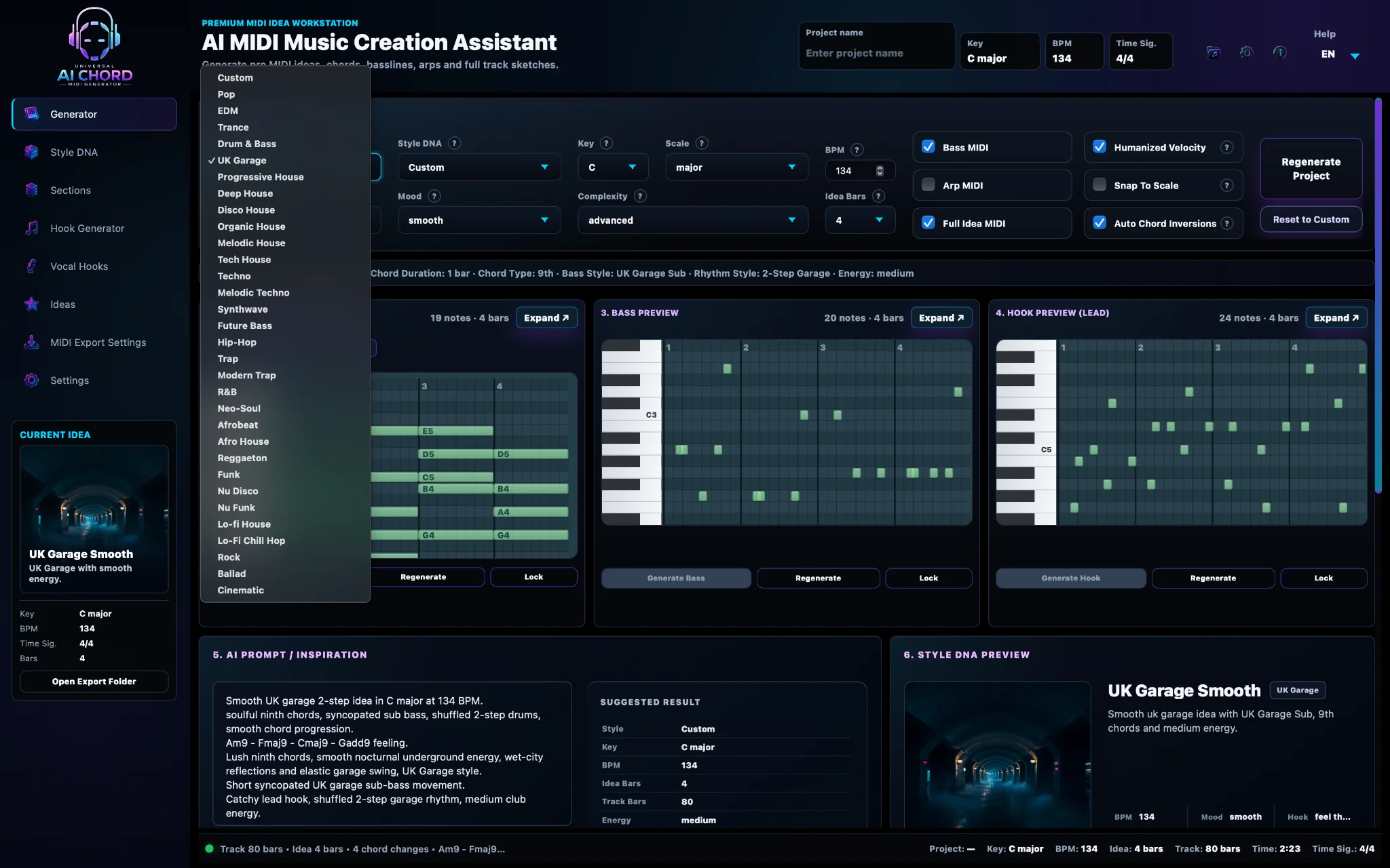 Generator interface with the Genre list open, showing supported music genres