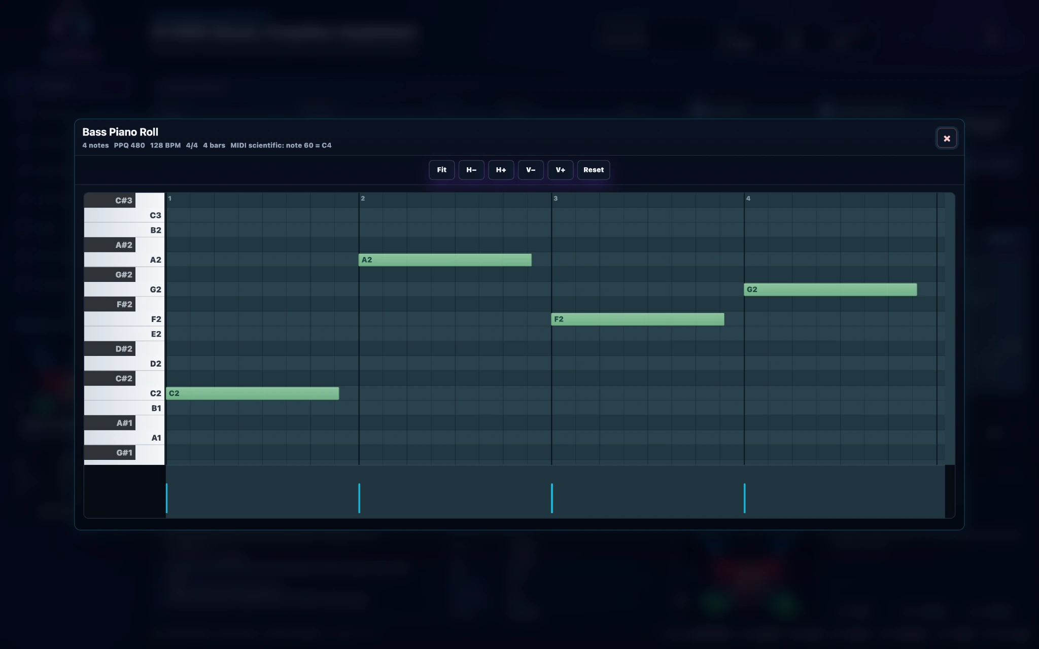 Expanded professional Bass Piano Roll with chromatic pitch rows and velocity lane