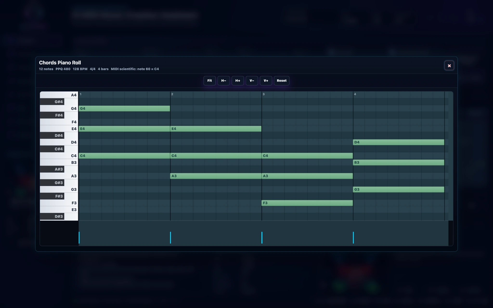 Expanded professional Chords Piano Roll with chromatic pitch rows and velocity lane