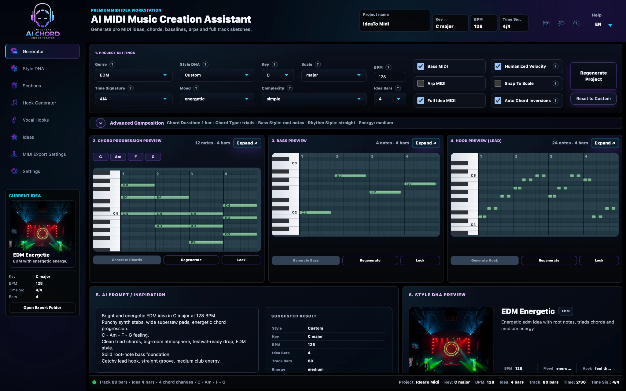 Generator dashboard with professional Chords, Bass and Hook piano-roll previews