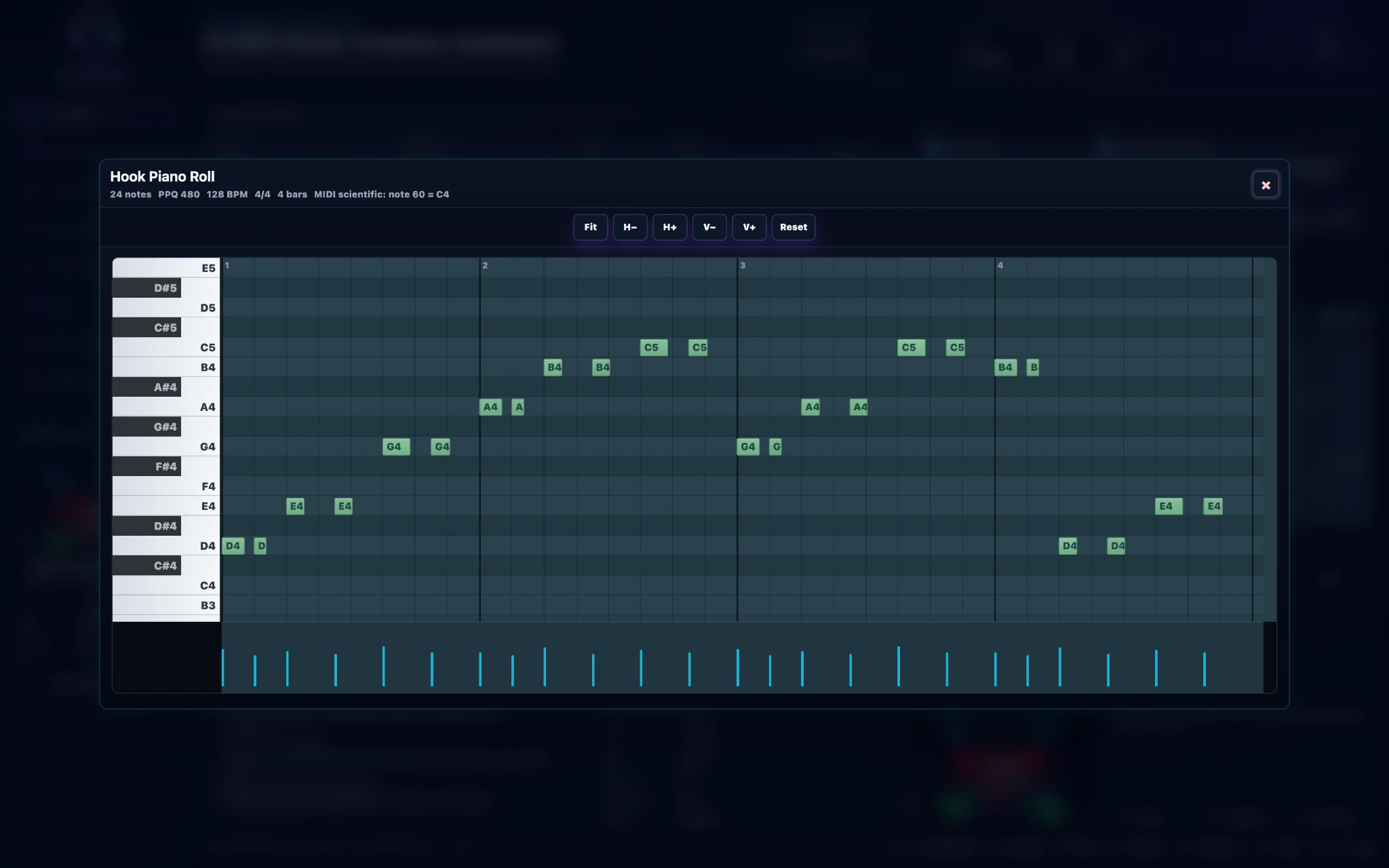 Expanded professional Hook Piano Roll with chromatic pitch rows and velocity lane