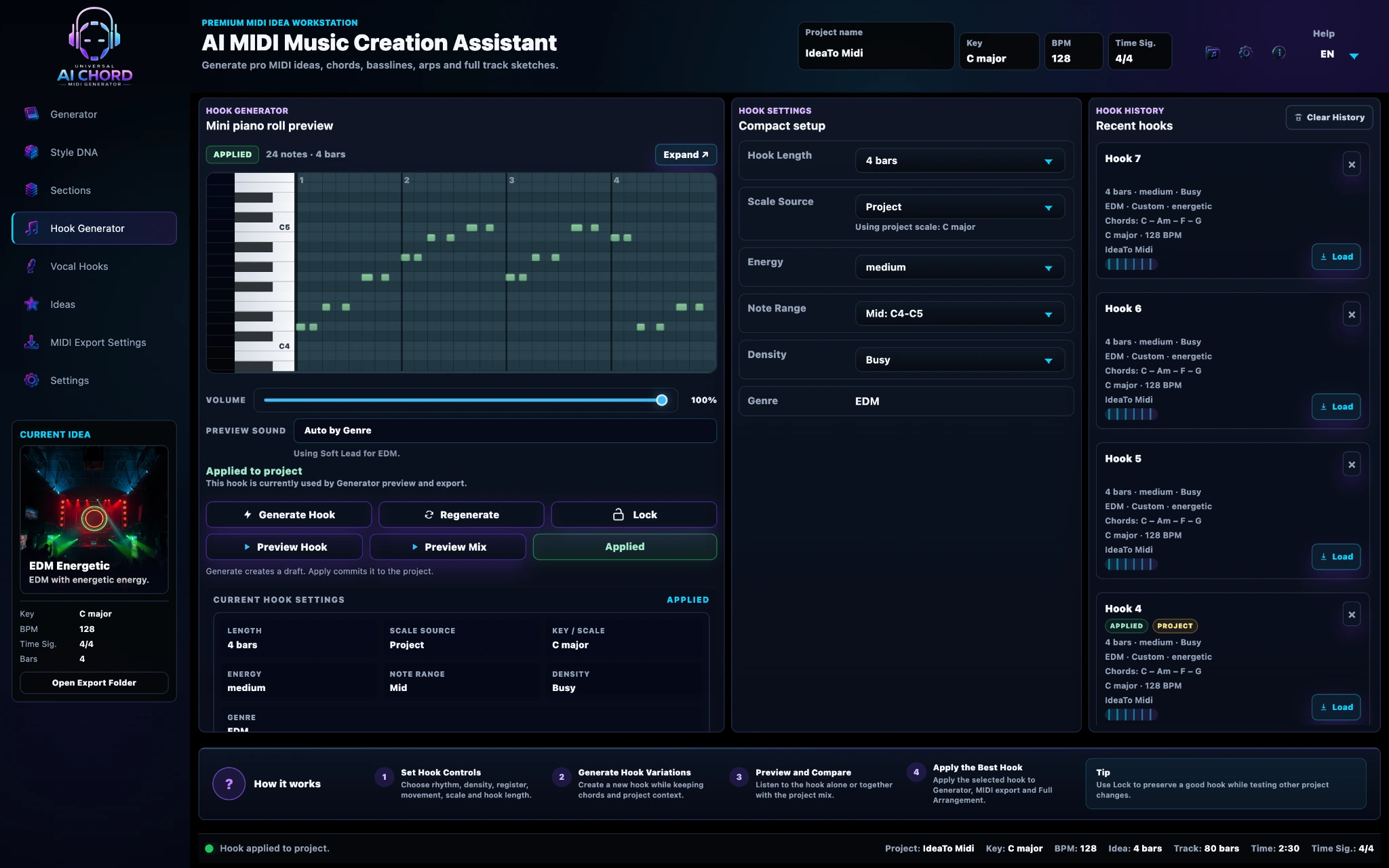 Hook Generator workspace with professional Piano Roll, controls and Recent Hooks history