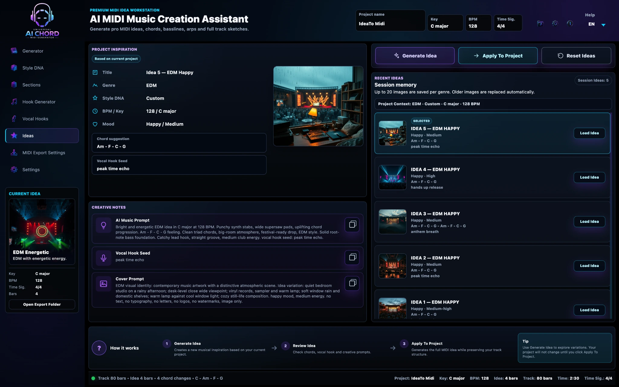 Ideas screen for reviewing generated musical directions