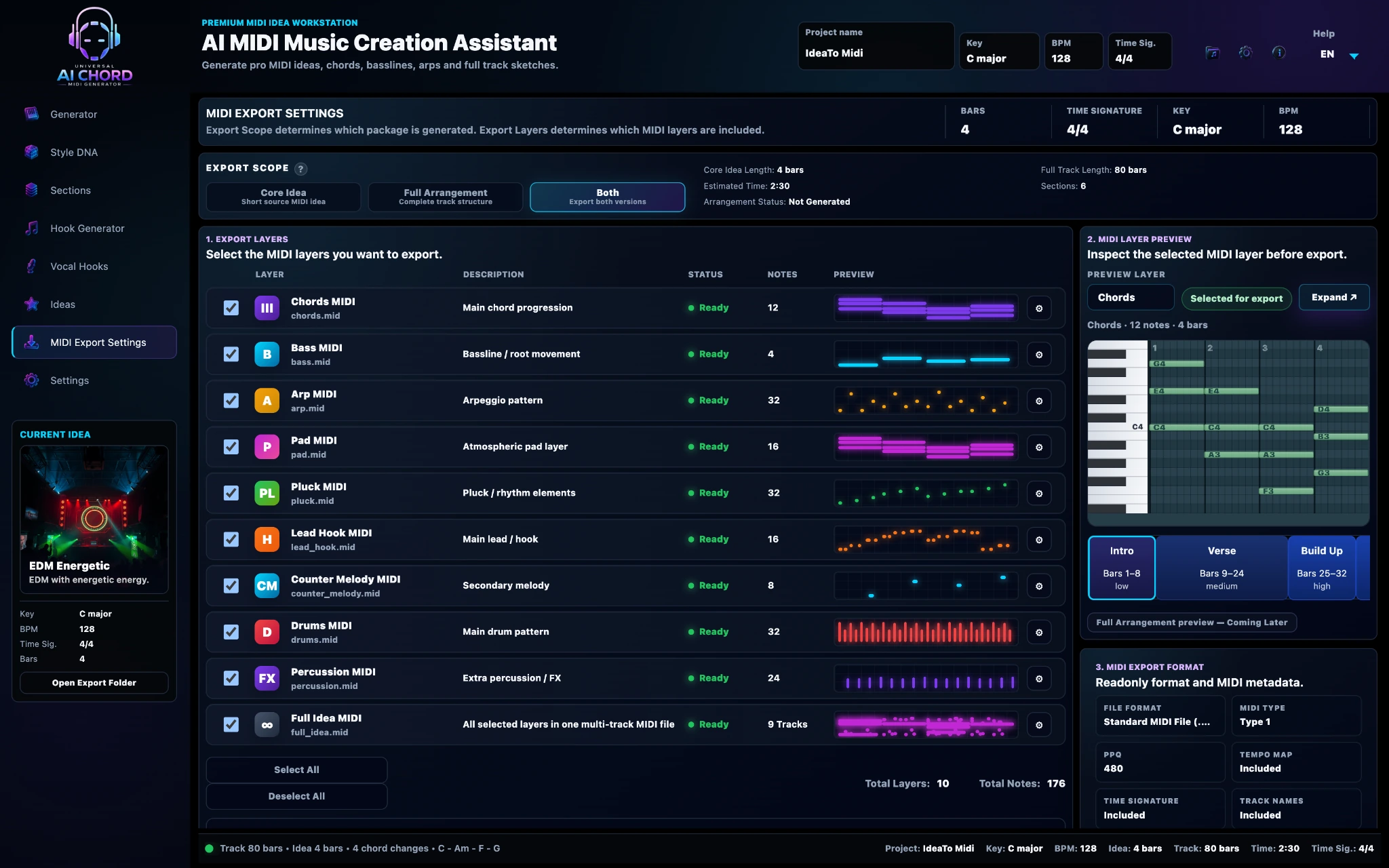 MIDI Export dashboard with layers and arrangement options