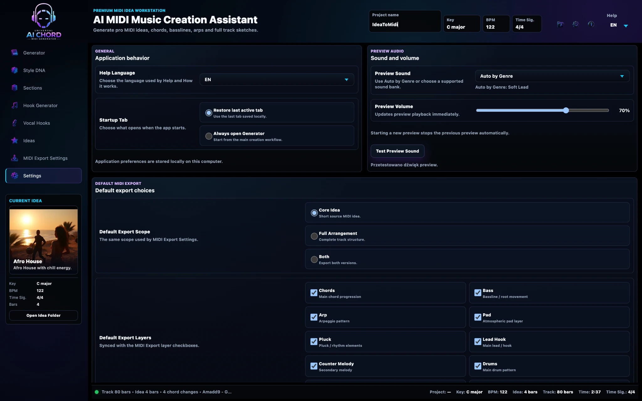 Settings panel with application, preview and default MIDI export options