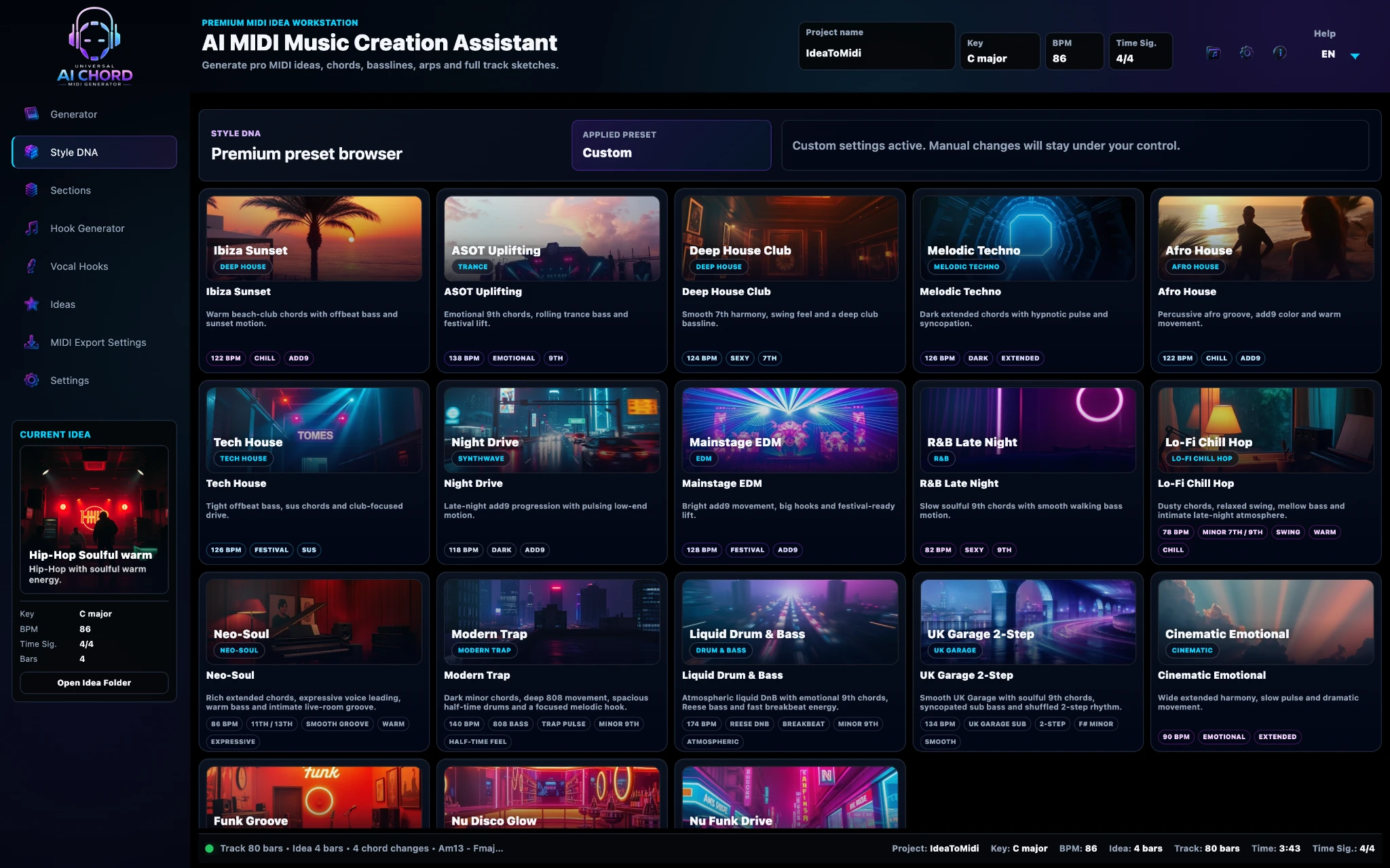 Style DNA preset browser with genre-aware creative settings