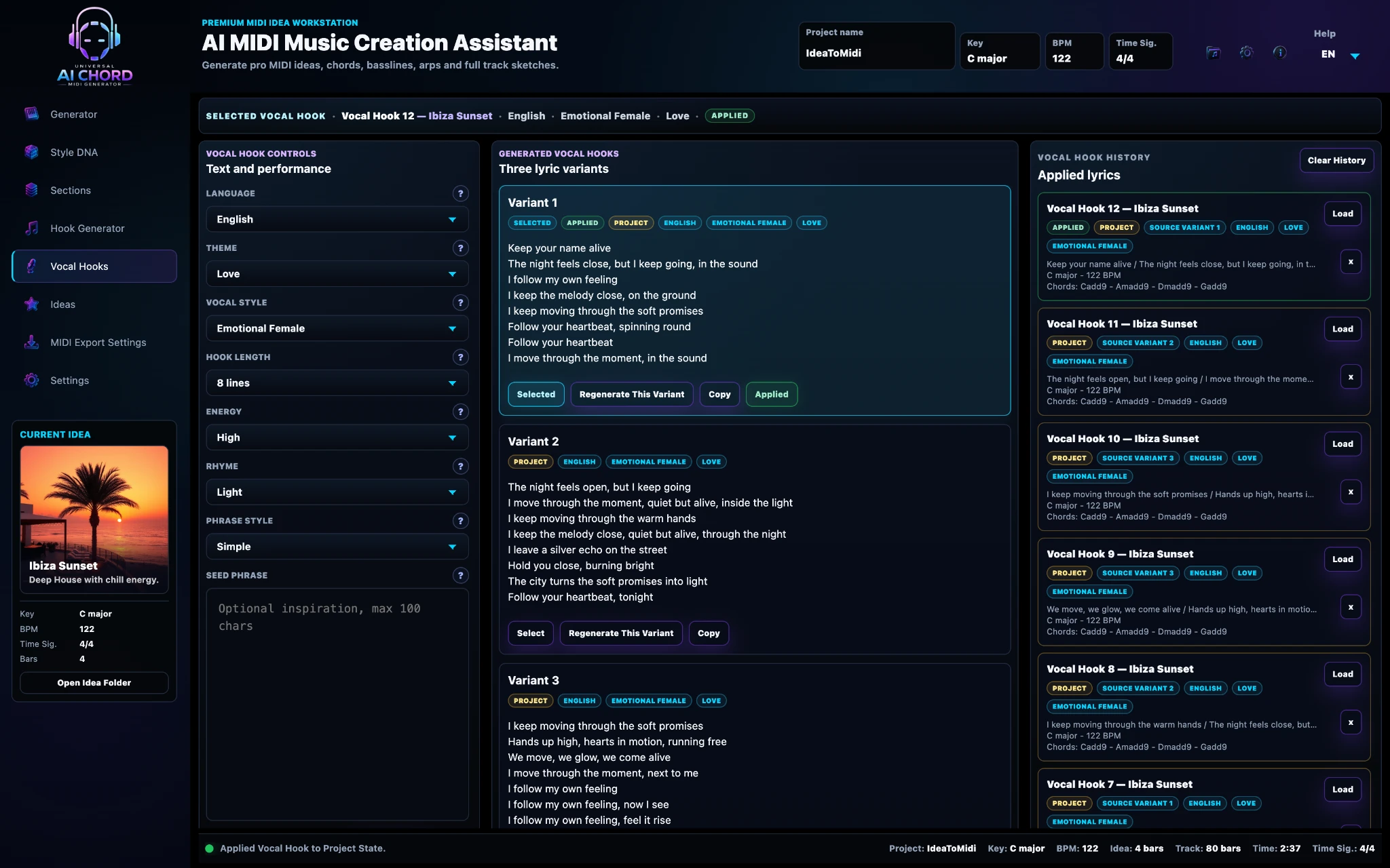 Vocal Hooks workspace with generated lyric variants and history