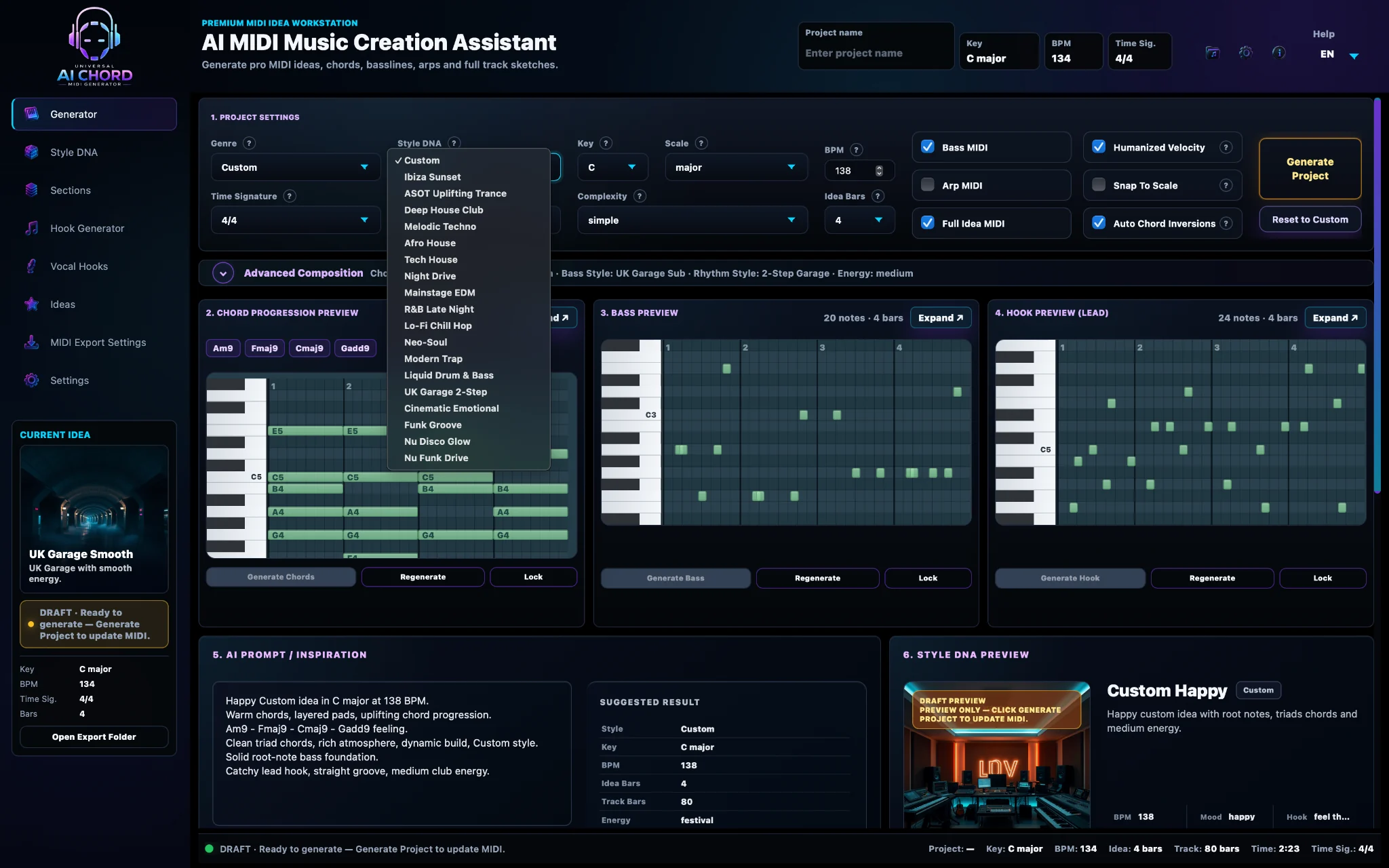 Generator interface with the Style DNA preset list open